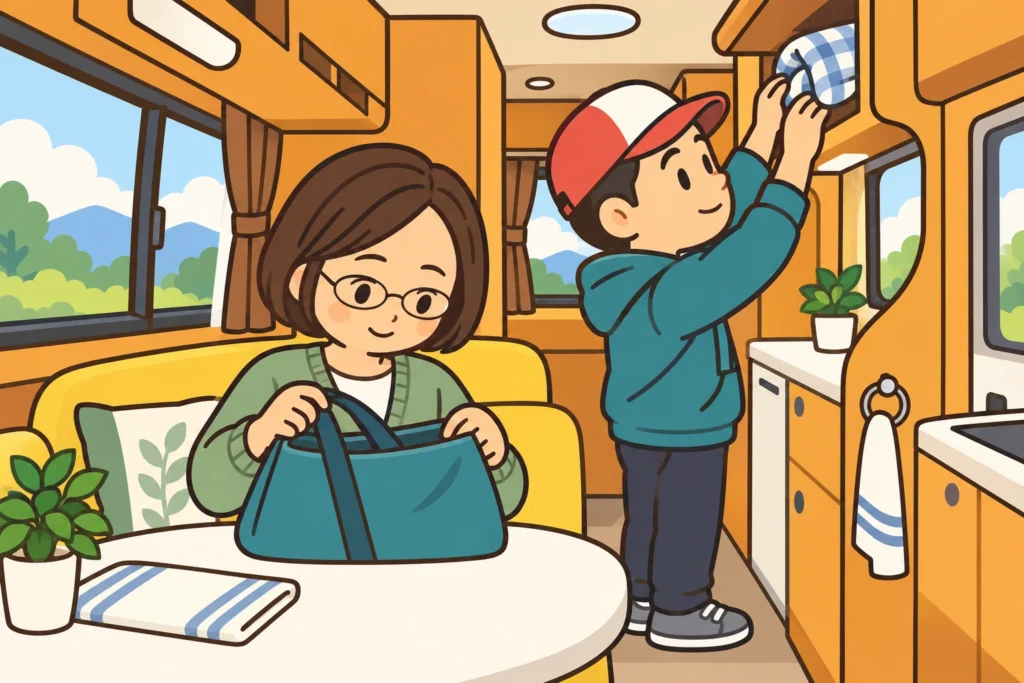 むっちゃんとがっちゃんをイメージした夫婦がキャンピングカーの車内で持ち物を見直すイラスト