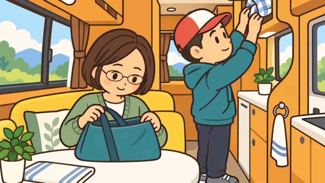 むっちゃんとがっちゃんをイメージした夫婦がキャンピングカーの車内で持ち物を見直すイラスト