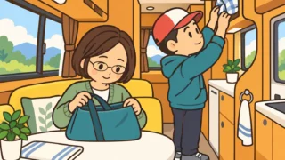 むっちゃんとがっちゃんをイメージした夫婦がキャンピングカーの車内で持ち物を見直すイラスト