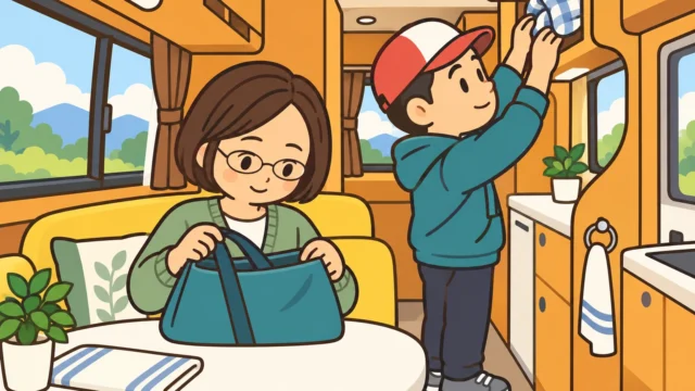 むっちゃんとがっちゃんをイメージした夫婦がキャンピングカーの車内で持ち物を見直すイラスト