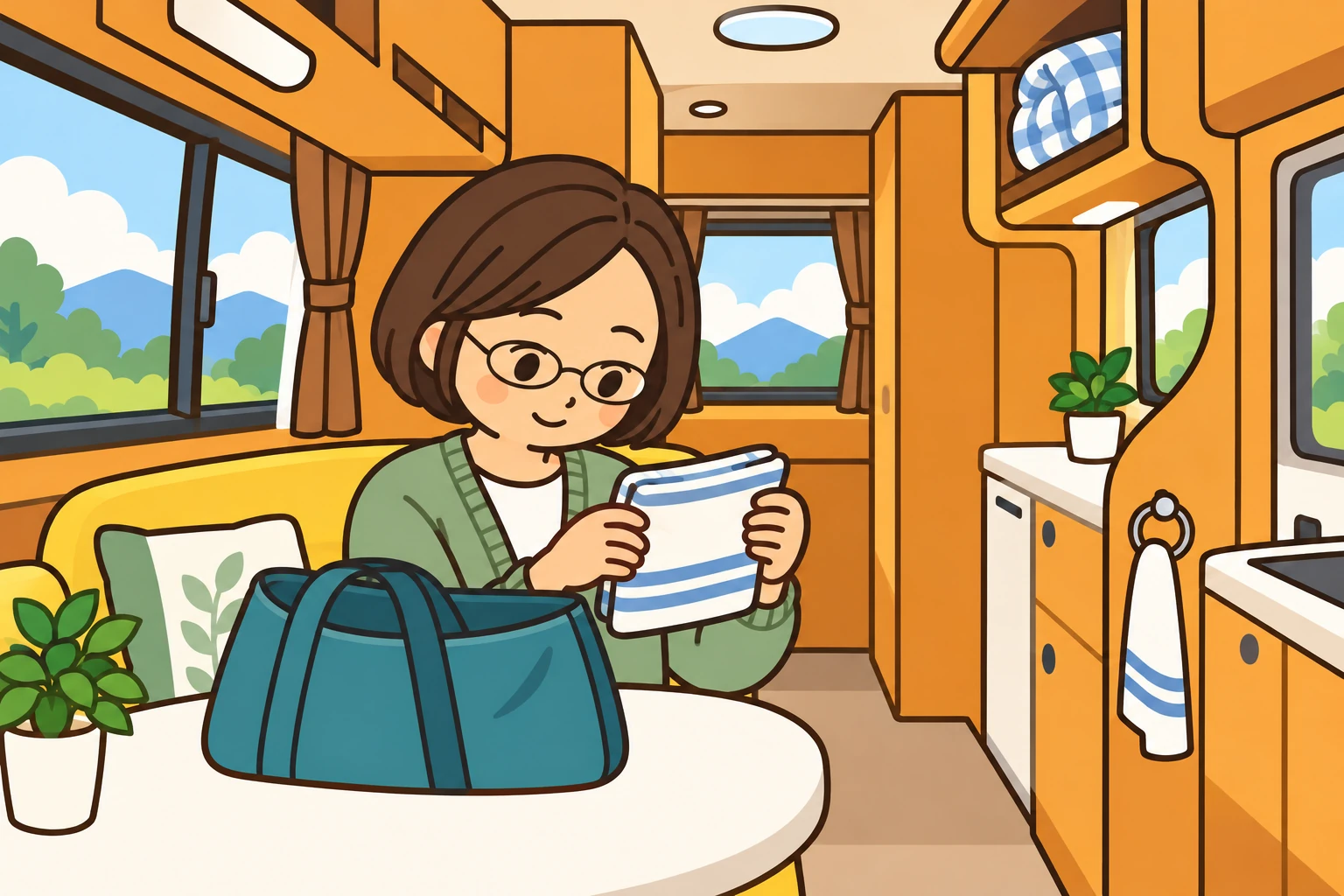 むっちゃんをイメージした女性が車内のテーブルで鞄と布を見直すイラスト