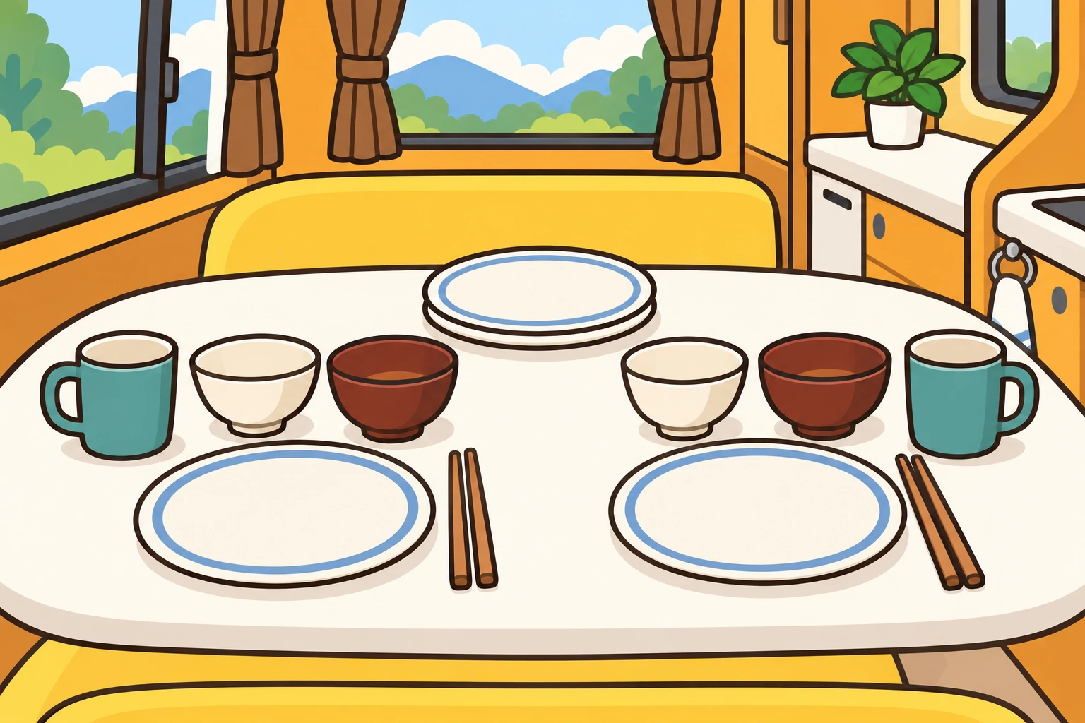 キャンピングカーのテーブルに2人分の食器と別置きの予備の皿を並べたイラスト
