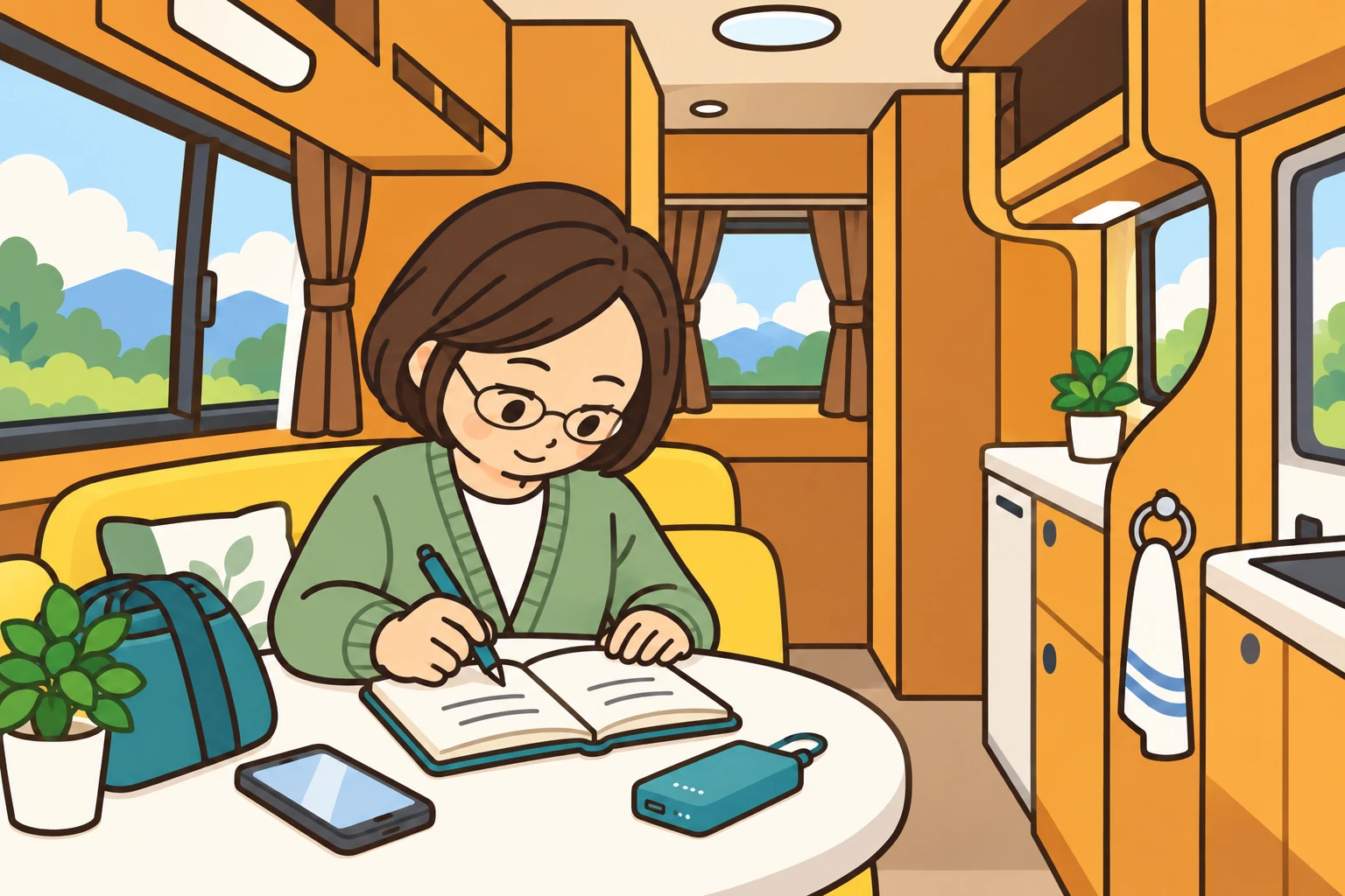 むっちゃんをイメージした女性が車内で購入前の確認事項をノートに書くイラスト
