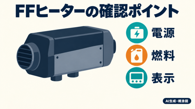 FFヒーターをイメージした架空の機器と、電源・燃料・表示の確認項目を描いたAI概念図