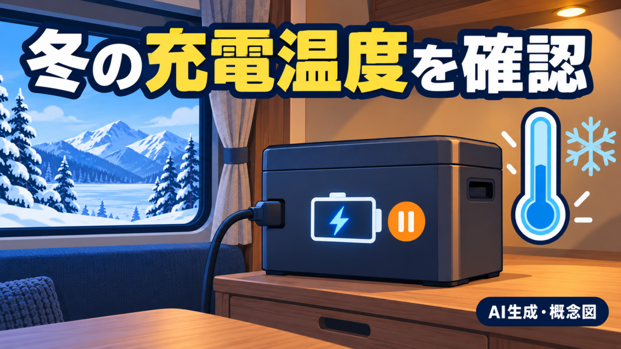 雪景色の車窓、充電マーク付きの電池と低温を示す温度計を描いた、冬の充電温度確認のAI概念図
