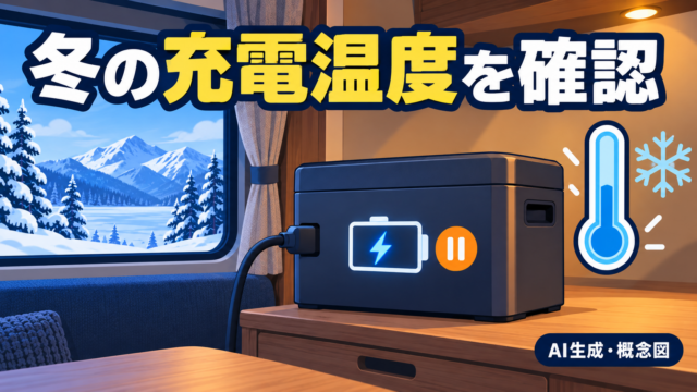 雪景色の車窓、充電マーク付きの電池と低温を示す温度計を描いた、冬の充電温度確認のAI概念図