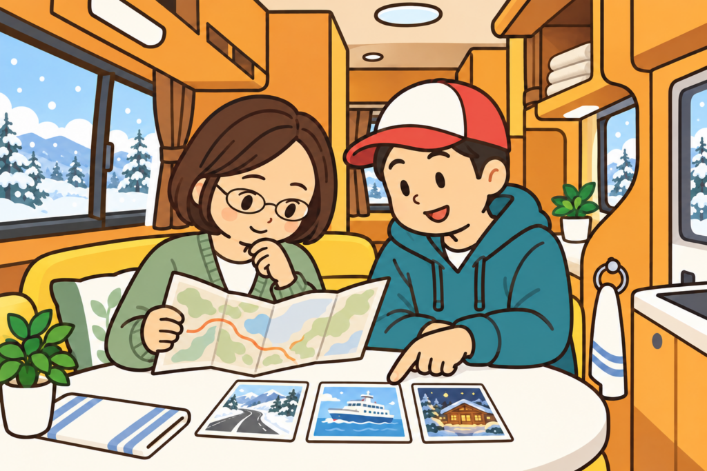 むっちゃんとがっちゃんが車内で冬旅の道路・フェリー・宿泊の予定を相談するイラスト