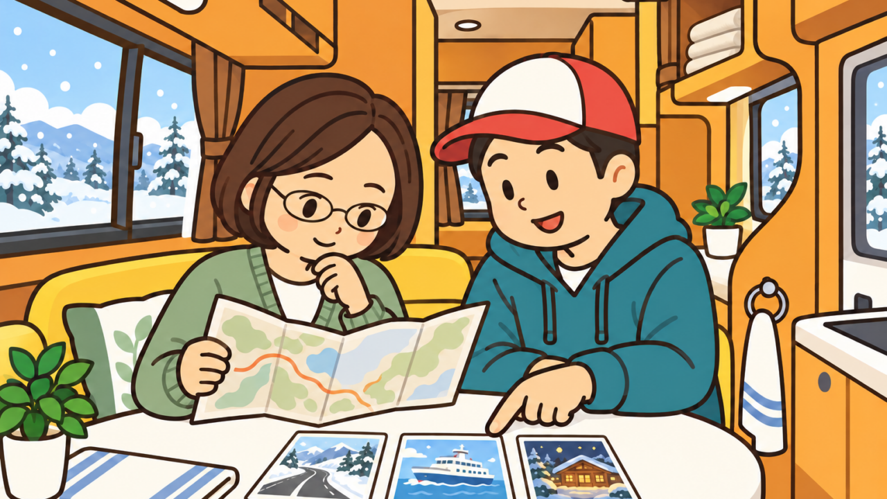 むっちゃんとがっちゃんが車内で冬旅の道路・フェリー・宿泊の予定を相談するイラスト