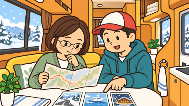 むっちゃんとがっちゃんが車内で冬旅の道路・フェリー・宿泊の予定を相談するイラスト